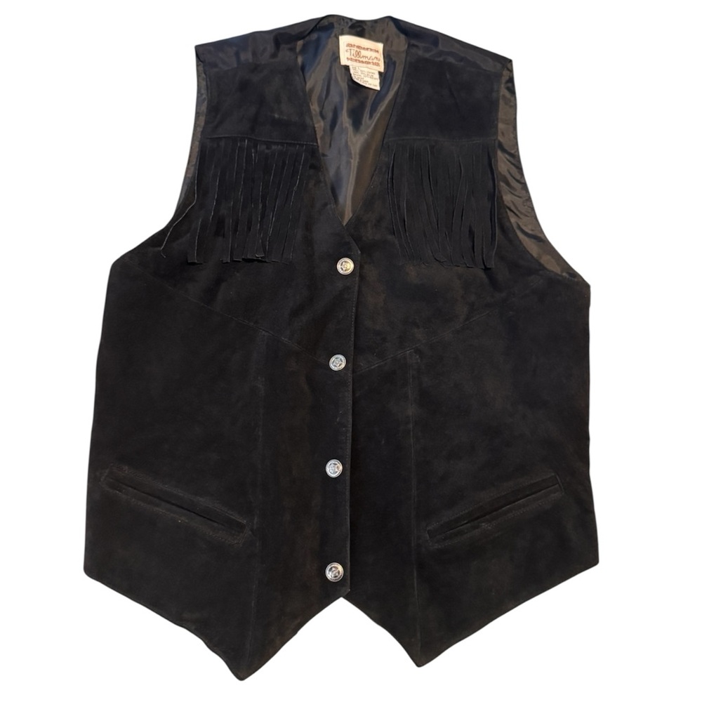 Vintage Western Black Suede Leather Vest with Fringe Cowgirl Cowboy Nashville